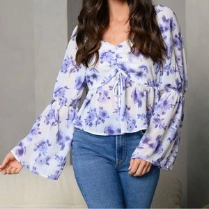 Peach Love California Floral Bell Sleeve Blouse